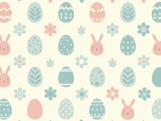 Gentle Pastel Easter Pattern with Eggs, Bunnies, and Flowers