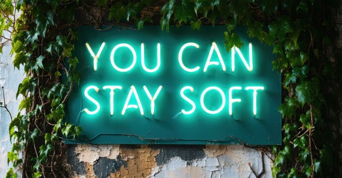 Naklejki Glowing sign you can stay soft in teal and cream neon mounted above crumbling wall covered in ivy with afternoon light cutting through leaves