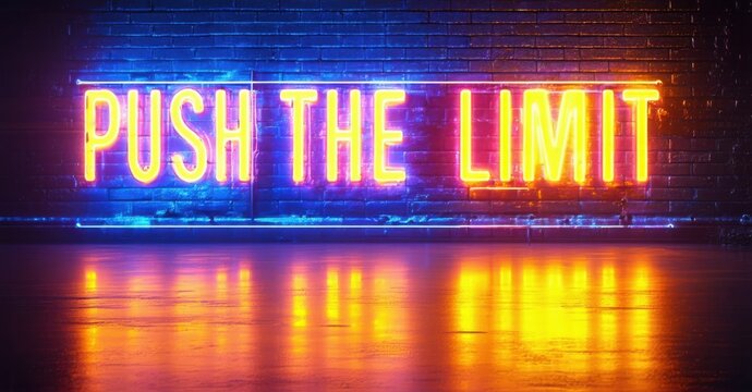 Naklejki Glowing sign push limit in blue and yellow heavy letters over bricks with neon haze and textured reflections