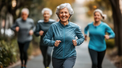 Obraz premium Active elderly Senior friends Running Outdoors for Health and Fitness.