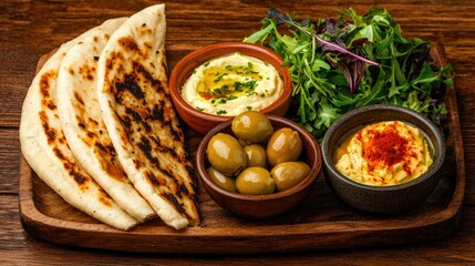A delicious appetizer platter featuring various flavorful Mediterranean foods