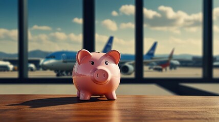 Piggy Bank with Airplane Background: Savings for Future Travel Plans Concept