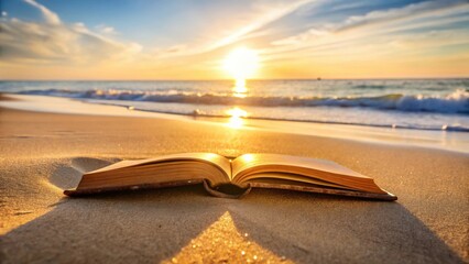 Golden Hour Serenity An Open Book Rests on a Sandy Beach at Sunset, Illuminated by the Warm Glow of the Evening Sun