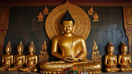 Obraz premium Golden Buddha statue amidst smaller statues, a symbol of meditation art