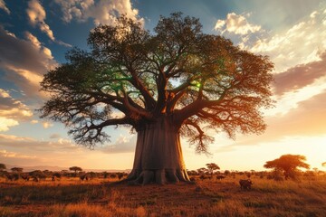 Naklejka premium Majestic baobab tree at sunset in African savanna, with antelopes grazing peacefully nearby.