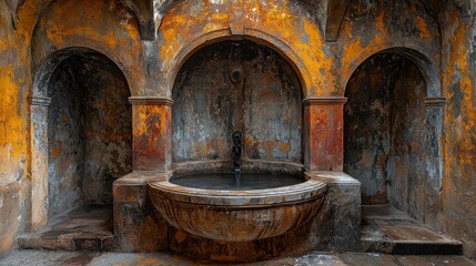 Ancient Stone Fountain in a Weathered Building