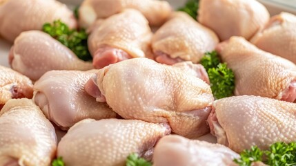 Fresh chicken pieces move along a clean conveyor belt in a meat processing plant, with workers in protective clothing organizing packaging.