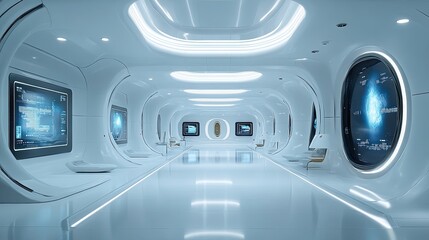 A futuristic white interior with screens and modern technology