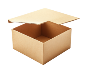Unboxing cardboard box product presentation minimalist design top view conceptual space. Isolated on transparent background, png.