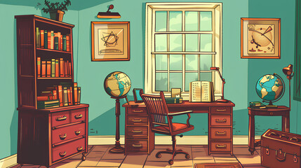 Illustration of a study room, with hand drawn style
