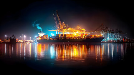 Obraz premium Night Harbor Container Ship With Colorful Cargo Lights