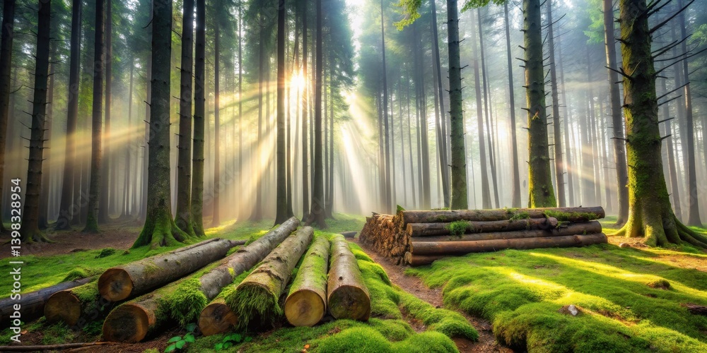 Poster sunbeams illuminate mossy forest floor with stacked logs