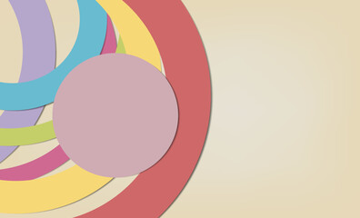 Colorful circular arcs overlap on a soft beige background, creating a dynamic, harmonious abstract design with a central muted pink circle adding visual balance and depth.