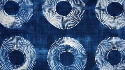 A Japanese-inspired indigo shibori fabric featuring repetitive circular motifs, perfect for traditional and modern uses