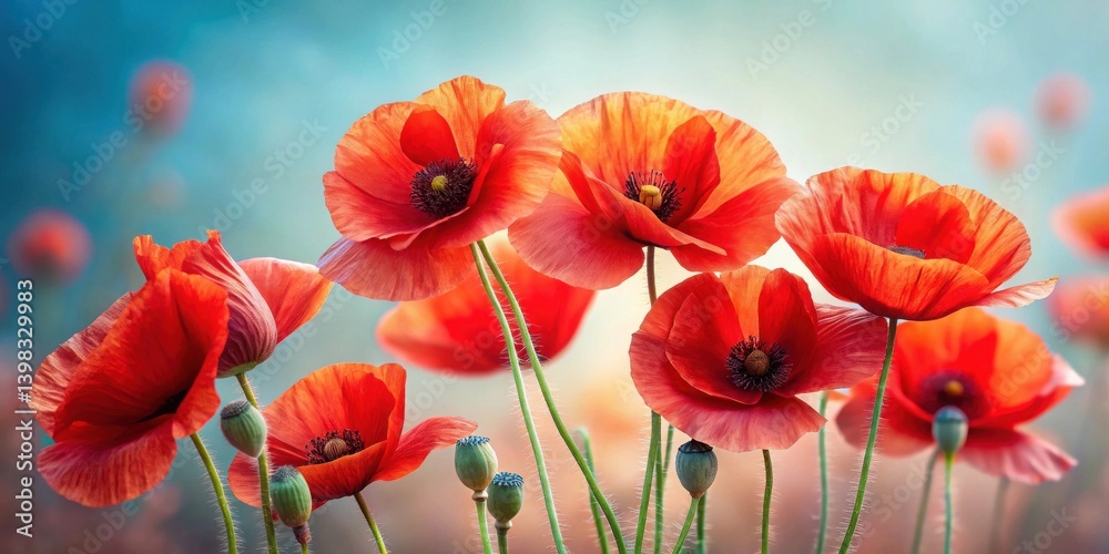 Aufkleber Vibrant Red Poppies Blooming in a Summer Field, Illuminated by Soft Sunlight, Creating a Serene and Peaceful Atmosphere