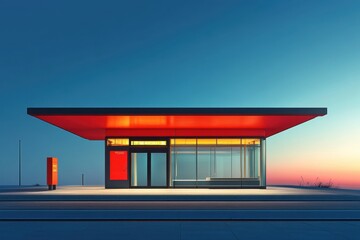 Modern bus station with striking red and black design at twilight in a tranquil setting