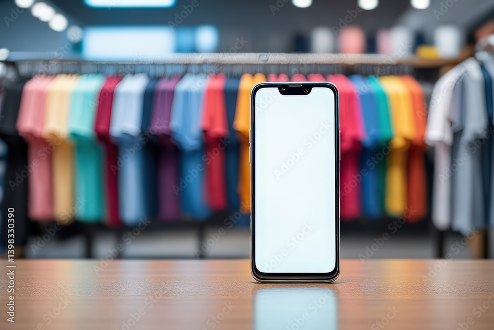 Poster a smartphone on display in front of a colorful clothing rack.