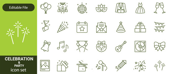 celebration & party line editable icon set. Birthday Line Icons Editable Stroke