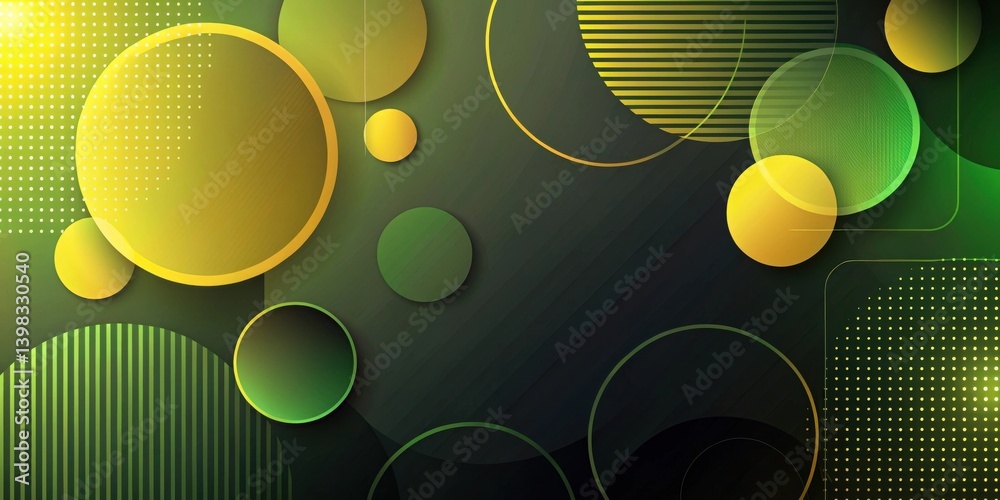 Poster Abstract Green and Yellow Circular Design with Geometric Patterns and Dotted Textures