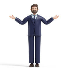 Man with open arms, symbolizing openness, acceptance, or problem-solving. 3D rendering, conceptual image. Isolated on white background.