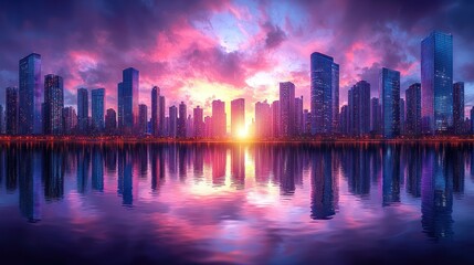 Fototapeta premium Sunset Cityscape Reflection: A Dreamlike Metropolis at Dusk