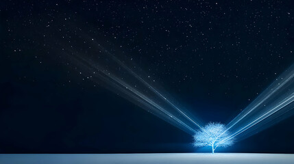 Obraz premium Glowing Digital Tree Under Light Rays Against Starry Dark Night Sky