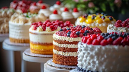 Set of different delicious cakes in candy shop pastel color . Many flavors of cake set collection, generated AI