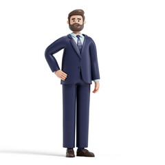 Confident man with hands on hips, symbolizing professionalism and self-assurance. 3D rendering, conceptual image. Isolated on white background.