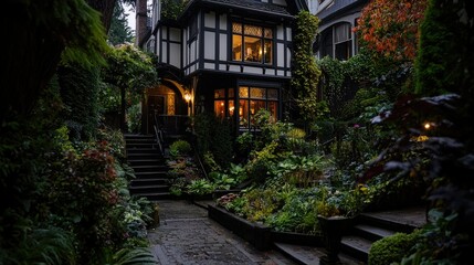 A beautiful house surrounded by lush green plants and illuminated windows
