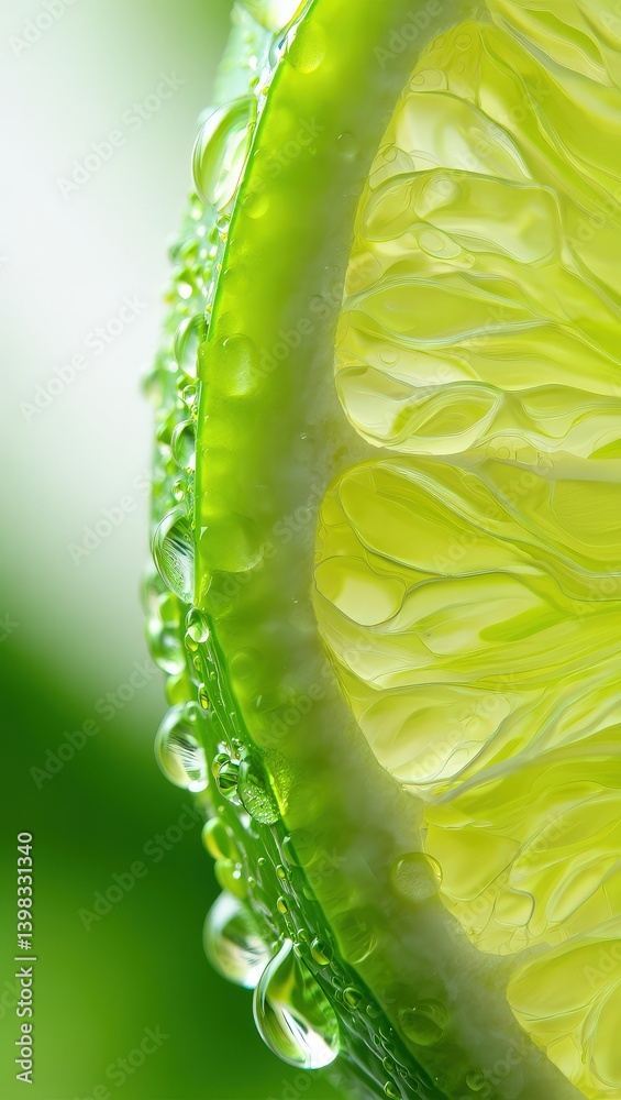 Poster a close-up of a lime slice with water droplets on it, set against a blurred green background.