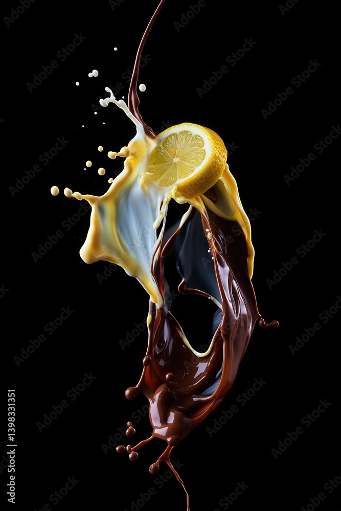 Poster a dynamic scene with a lemon in the foreground, partially submerged in a dark, liquid substance. the