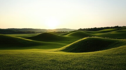 Obraz premium Rolling green landscape at golden hour with soft sunlight shining