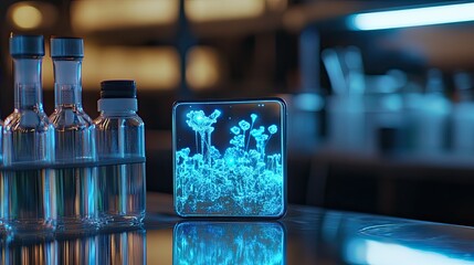 Glowing Flowers Displayed on a Device Near Glass Bottles
