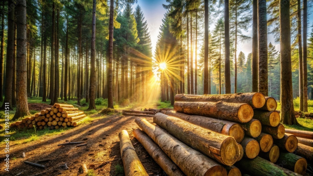 Poster Sunbeams illuminate a forest path where stacks of felled logs rest, showcasing the contrast between harvested timber and the remaining trees.