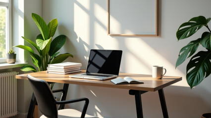 Fototapeta premium A wooden desk with a laptop on it
