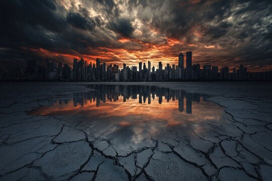A dystopian city skyline reflected in a cracked, dried-up earth, fiery sunset.