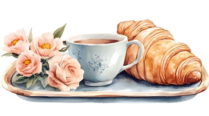 Elegant pastel still life with tea croissants and roses