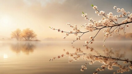 Serene Dawn Blossoms Reflecting on a Misty Lake, Creating a Tranquil and Peaceful Atmosphere