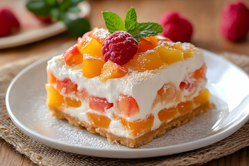 A delicious layered peach and raspberry dessert with a creamy filling.