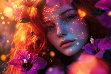 Obraz premium Enchanted redhead woman with glowing skin amidst vibrant hibiscus flowers, a surreal and dreamy portrait.