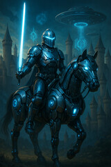 Fototapeta premium Cyber Knight: A Fusion of Medieval Fantasy and Futuristic Technology