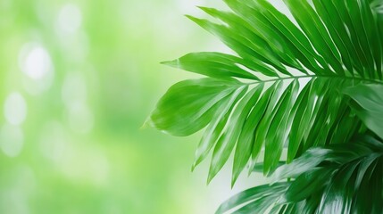 Vibrant green palm leaves, soft out-of-focus background