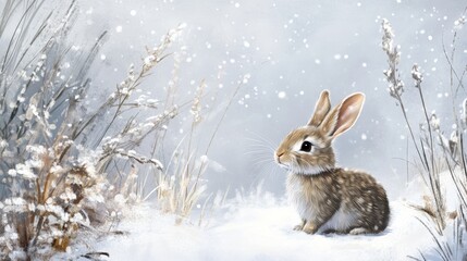 Obraz premium A fluffy rabbit sits quietly in a snowy winter landscape