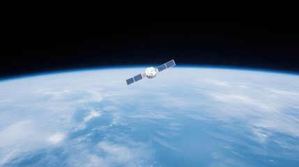 Satellite in Orbit Earths Atmosphere, High-definition image, wide shot, distant view, space exploration concept, dark blue background, serene cosmic mood, ideal for science publications.
