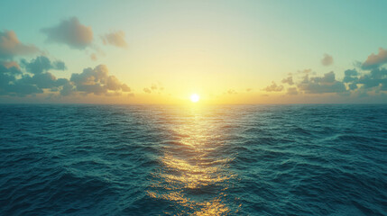 Obraz premium A breathtaking panoramic view of a serene ocean sunset with calm waves reflecting the golden sunlight and scattered clouds in a peaceful tranquil atmosphere.