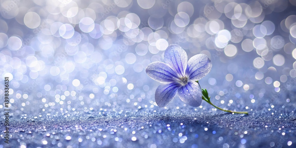 Poster A Single Delicate Blue Flower on a Sparkling Surface with a Dreamy Bokeh Background