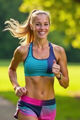 Energetic Blonde Athlete Running in Park – Vibrant Sportswear Portrait