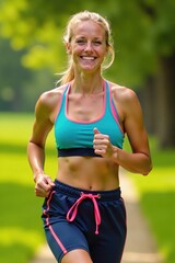 Energetic Blonde Athlete Running in Park – Vibrant Sportswear Portrait