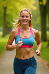 Energetic Blonde Athlete Running in Park – Vibrant Sportswear Portrait