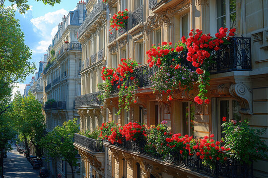 Vue d'une rue depuis un immeuble parisien, de type Haussmannien avec un balcon fleuris de g&eacute;raniums rouges	